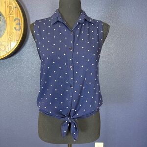 Japna Navy Sleeveless Button Down Top with White Polka Dots | Size Small